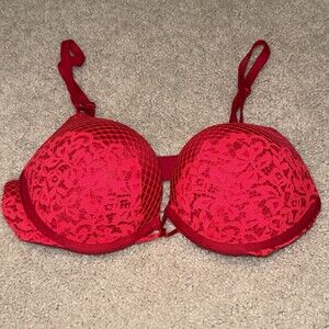 RARE Victoria's Secret Bombshell ADDS-2-CUPS Push Up Bra 34B RED LACE